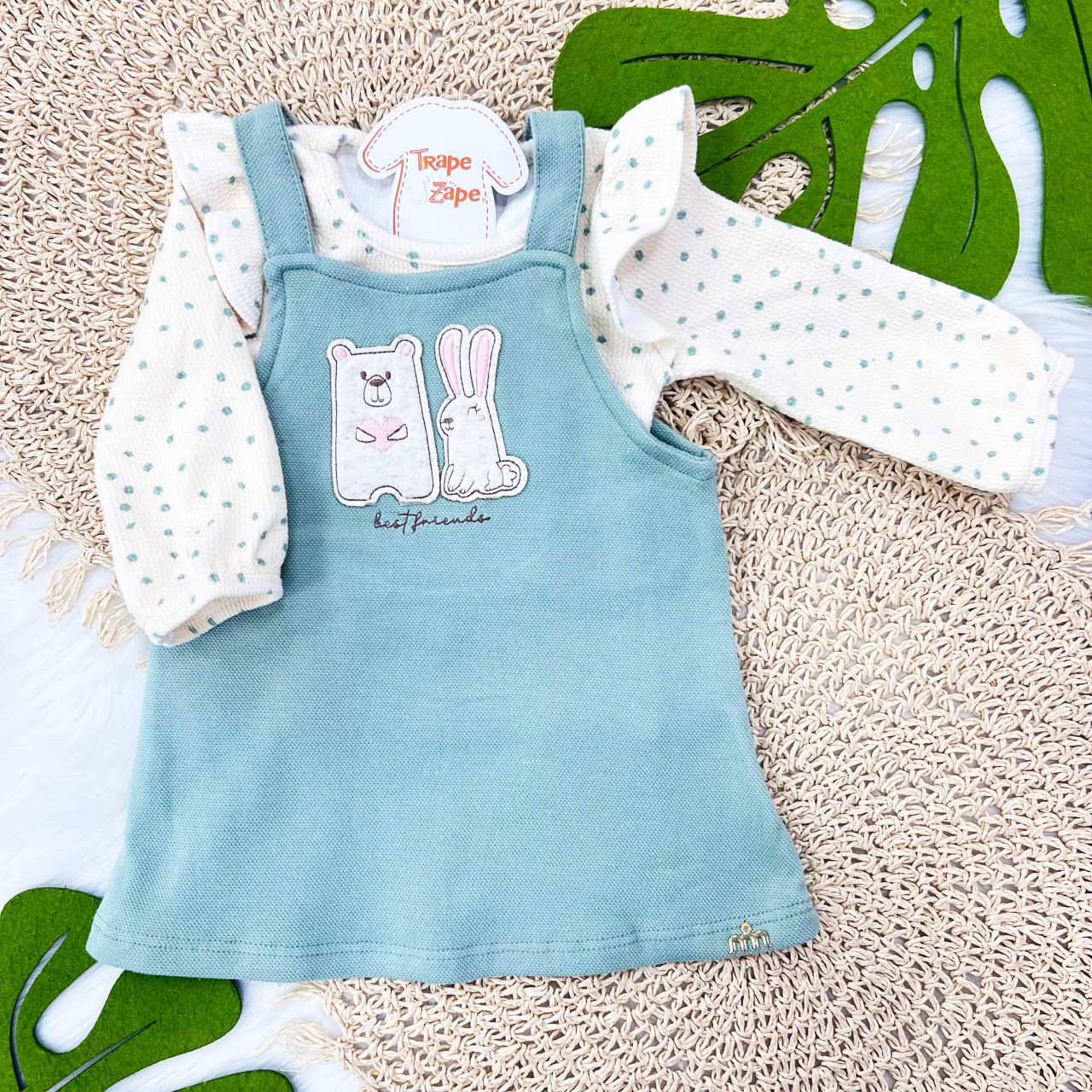 Conj. Blusa Bolinhas e Salopete Best Friends - Off White e Verde